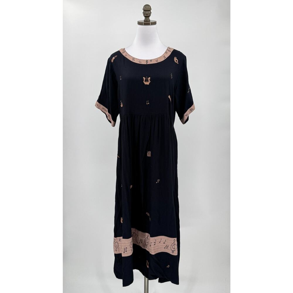 Papy Boez Hand Painted Navy Blue Music Embroidered Midi Shirt Dress Sz S/M
